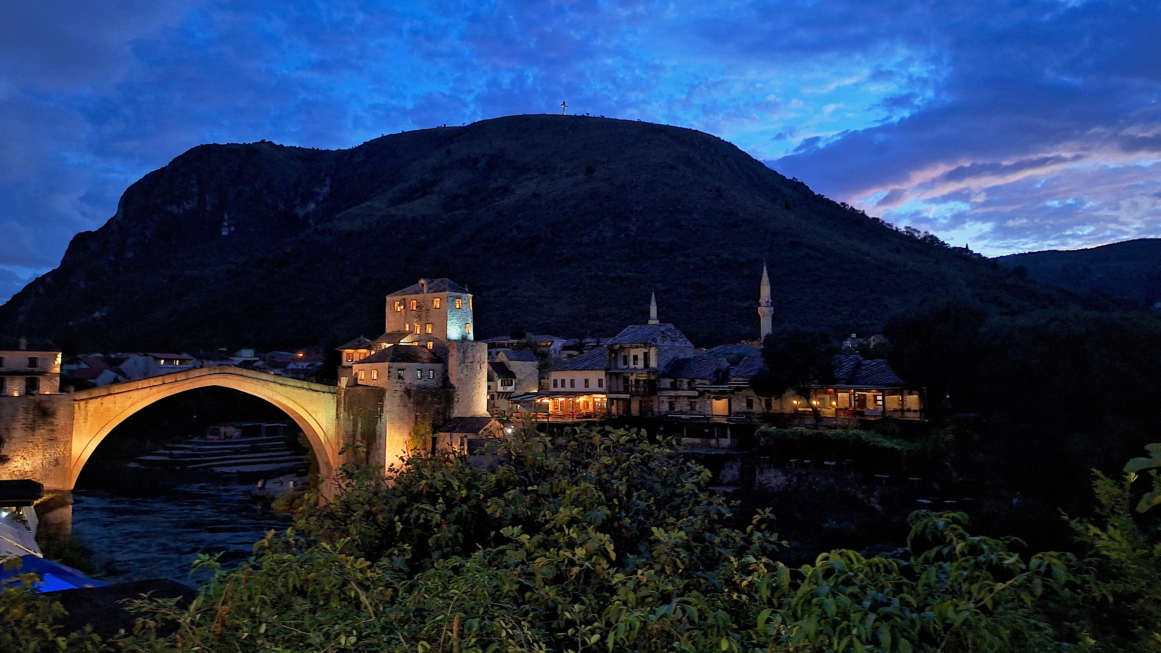 Old Bridge in Mostar at twilight above the Neretva River